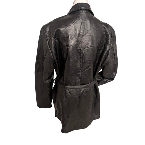 Canyon Creek Vintage Black Leather Belted Button-Up Women's Coat Jacket Patch XL - Picture 2 of 5